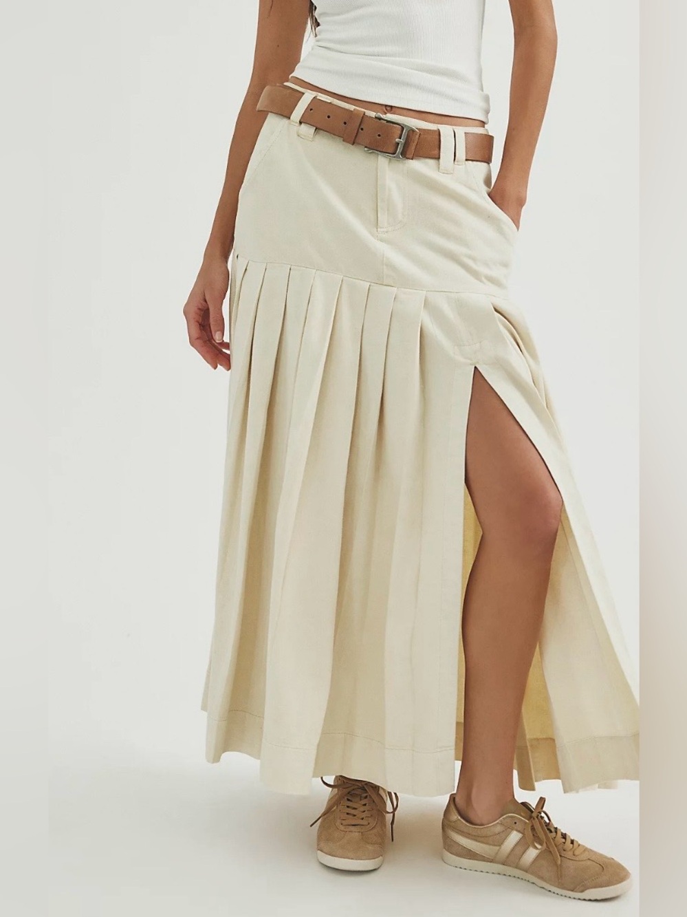 Free People 53rd Street Chino Pleated Maxi Skirt Tea Cream Women’s Size 0 NWT